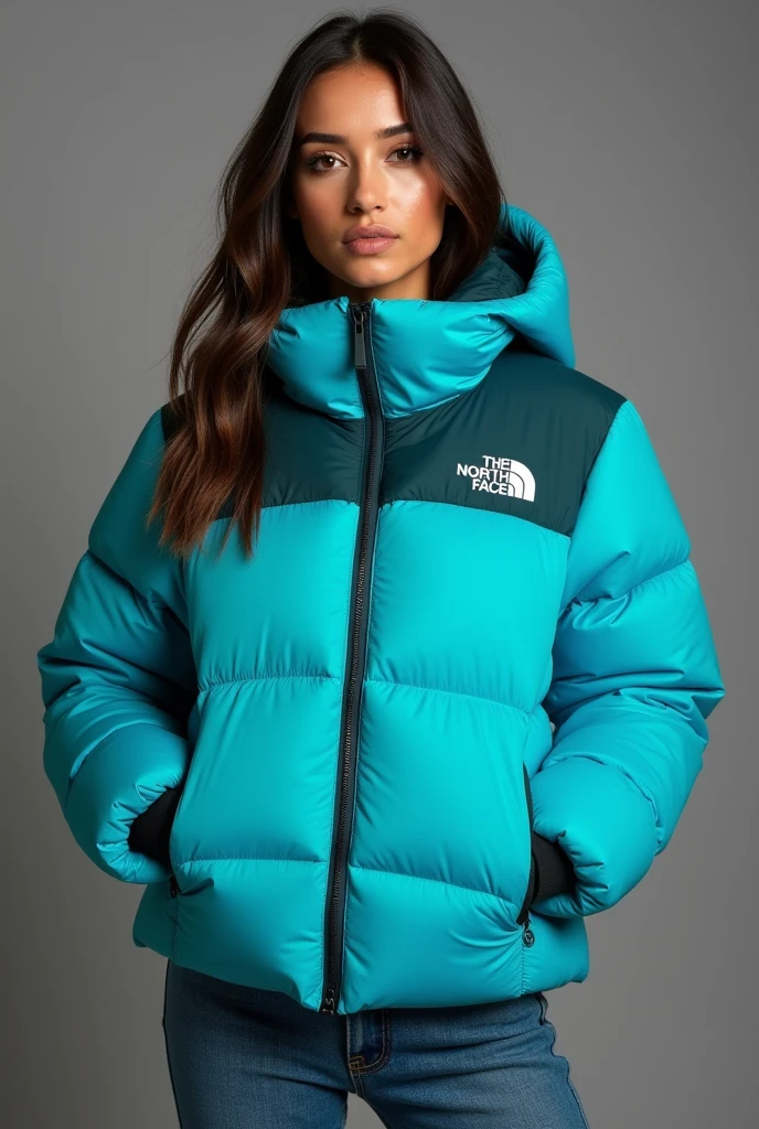 beautiful latin woman,  standing straight facing forward,with a cold weather jacket north face up to the waist closed turquoise color, denim jeans pants, on a greyish background. Medium camera shot.