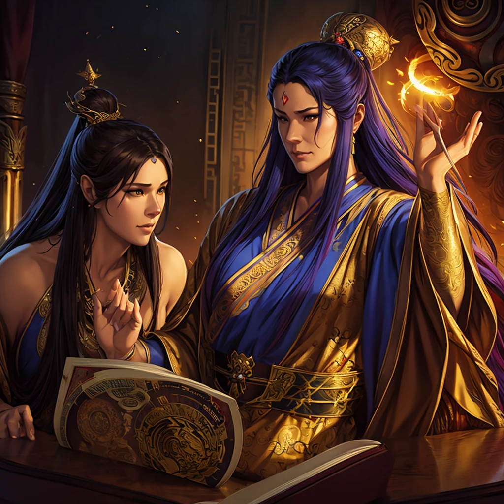 (A beautiful woman 2 beautiful ancient Chinese Hanfu, goddess, Gold dress, Glowing Gold Tattoo), (Galactic Shaman with Quantum Energy Vision), Fantasy Magic, Long hairstyle, Dark Light Night, complex, Ethereal, Clear focus, illustration, Very detailed, number, Concept Art, Matte, (Artworks by wlop), (author:Justin Gerard (Justin Gerard) and Jason Edmiston (Jason Edmiston): 1.5), (author:Greg Rutkowski: 0.4), (author:Alphonse Mucha: 0.4), masterpiece