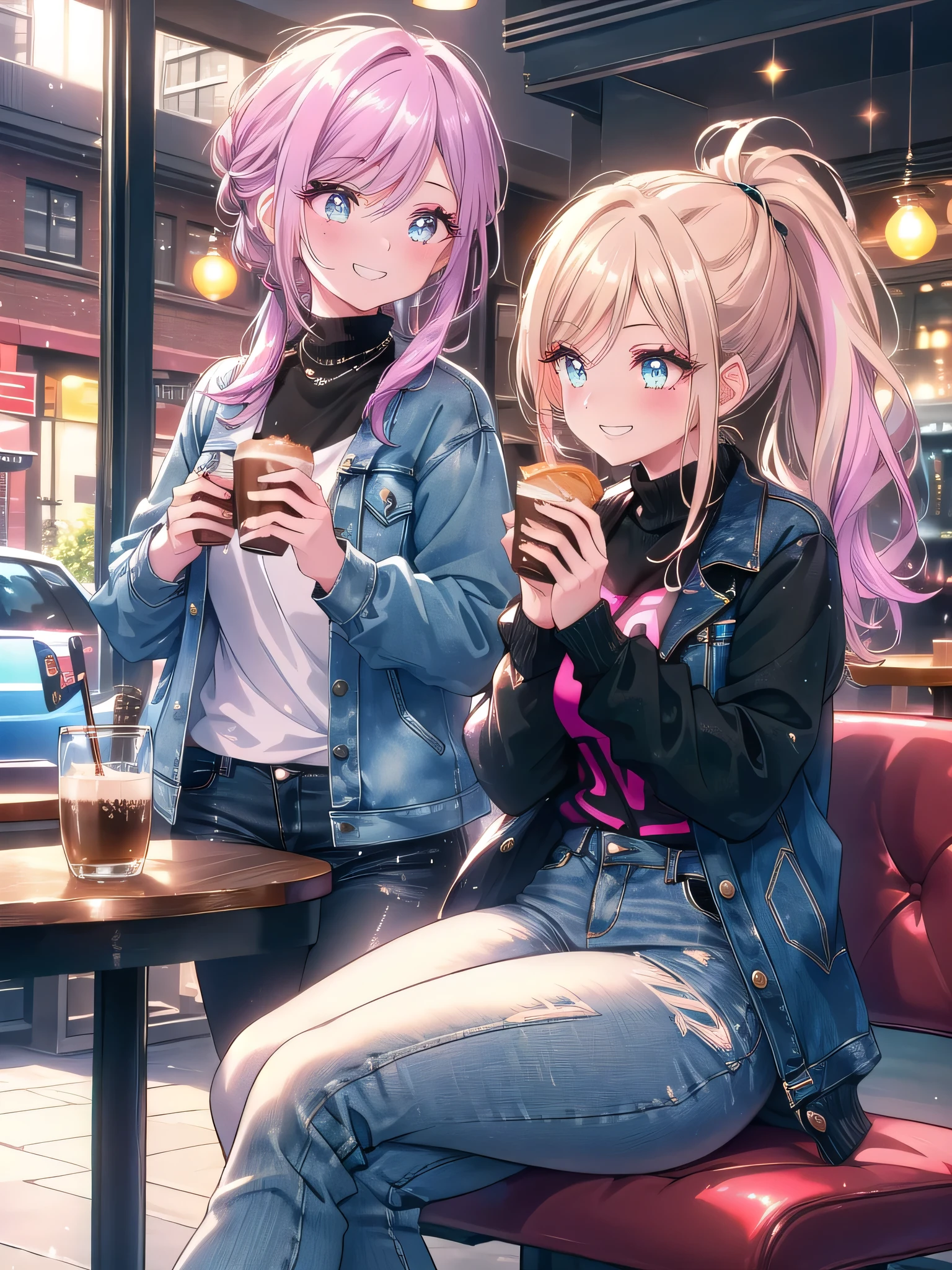 ((8k, Highest quality, masterpiece: 1.3)),Ultra-high resolution,(1 girl, alone), (Color changing eyes, Ultra-detailed, Expressive brilliance, Glitter, Glowing Eyes), Highly detailed eyes, Highly detailed face, Random Hair, ((pastel colour)The woman is in a modern, industrial-style café, seated at a sleek metal table with a cappuccino and a small croissant in front of her. She’s casually dressed in a denim jacket over a striped t-shirt and black skinny jeans, her hair pulled back into a low ponytail. She looks at the camera with a playful, teasing grin, her eyes sparkling with amusement as if she’s just made a lighthearted joke or is about to challenge her boyfriend in a fun banter.
