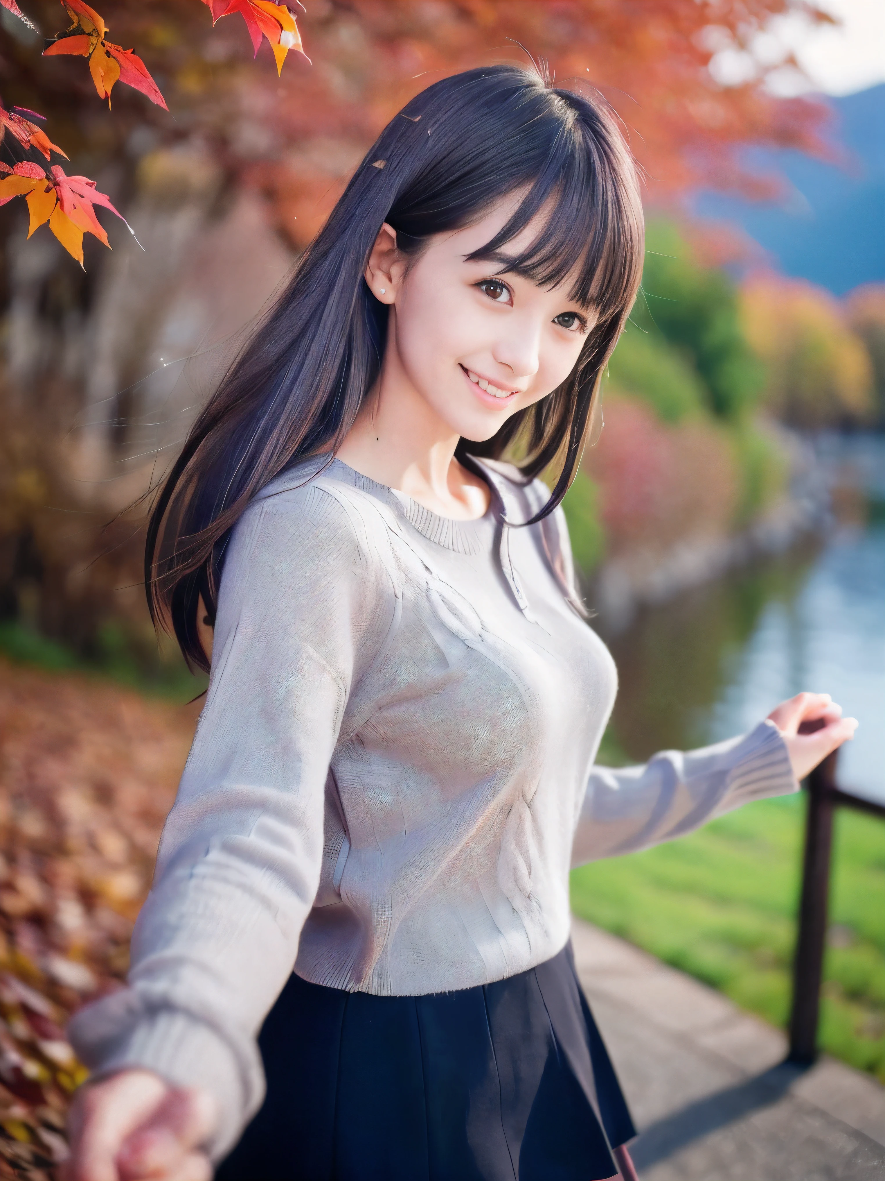 (Close up face shot of one slender small breasts dark silver long hair with swept bangs girl in a long sleeves shirt and sweater and skirt:1.5)、(One girl is dancing with happy smile on the dart road near the lake and big waterfall in Japan:1.5)、(Beautiful autumn red leaves and mountain view:1.5)、(Natural light:1.5)、(8k ultra detailed master piece:1.5)、(perfect anatomy:1.5)、(Photorealistic stick:1.5)、(Raw photo:1.3)、(highest quality:1.5)、(High resolution:1.3)、(Delicate and beautiful perfect face:1.3)、(Delicate and beautiful eye air skin:1.3)、(Real Human Skin:1.3)、((thin legs))