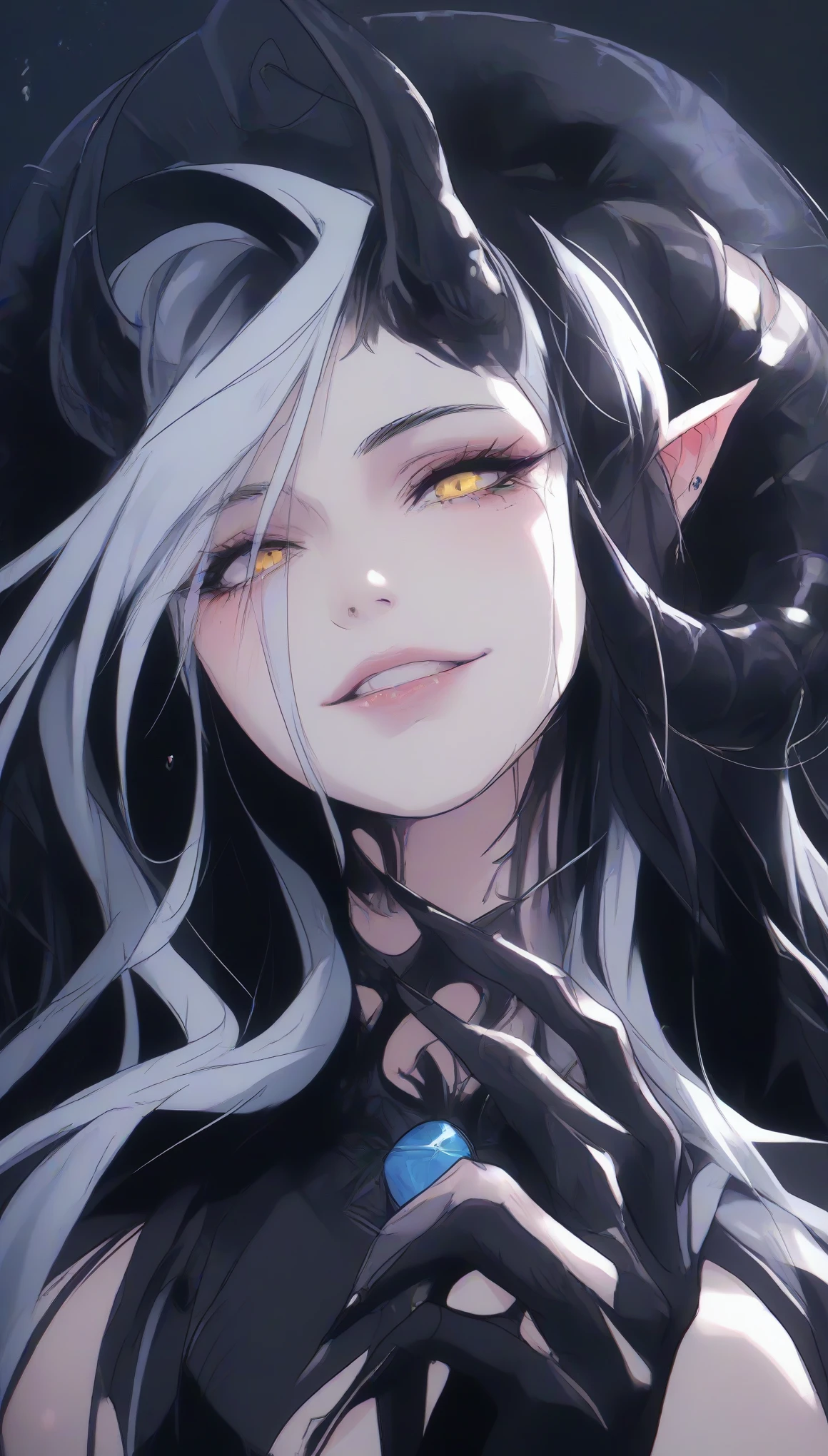 A demonic and seductive looking anime character, with black wings, long dark flowing hair, bright golden eyes, and curved horns like those of a ram. has pale skin, a mischievous smile and a playful and mysterious expression, holding a finger to his lips as if silencing someone. She wears a white dress with intricate detailing and gold accents, along with a blue gem on his chest. The scene is dramatically lit., with soft shadows that enhance her sharp features, as the background fades into darkness, adding an enigmatic and magical touch. The style is a mix of anime fantasy with intricate details, Capturing an intense portrait, close and dynamic