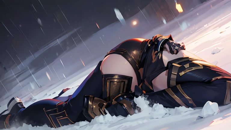 league of legends Ashe, warrior, wearing tights, her nipples shwon, camel toe, very detailed face and pretty face,heroine, breast, getting touced by enemy, lies down, legs open pose, (masterpiece, best quality), beautiful girl, badly defeated by opponents, embarrassed emotion, snow storm, legs wide open,abstract background, bright colors,  breasts, (solo), sexy face