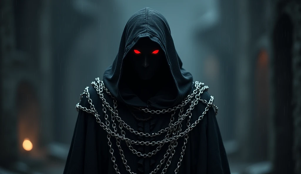 A jet-black assassin clad in chains、Medieval Assassin、((Silver chains floating in the dark night))、Red eyes、Black hood