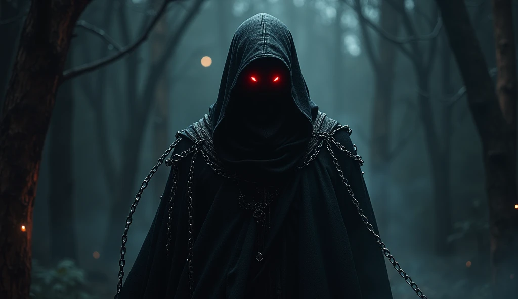 A jet-black assassin clad in chains、Medieval Assassin、((Silver chains floating in the dark night))、Red eyes、Black hood