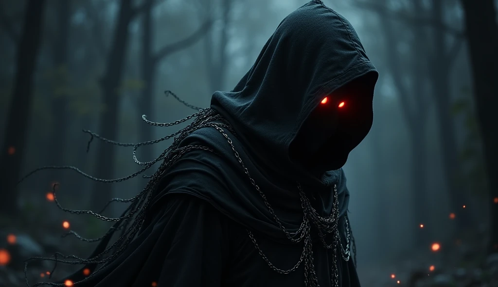 A jet-black assassin clad in chains、Medieval Assassin、((Silver chains floating in the dark night))、Red eyes、Black hood
