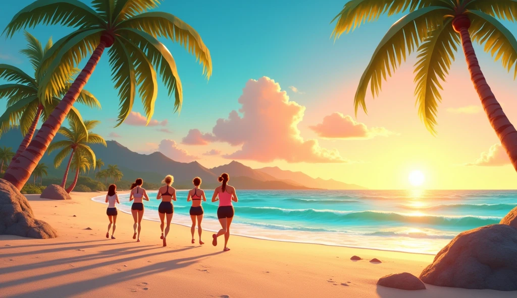 Create a horizontal background on the beach where you can see a sunrise at sea, palm trees and on the sand in the distance there is a group of adults in sportswear doing different sports. It should be an animated image with clear and bright colors
