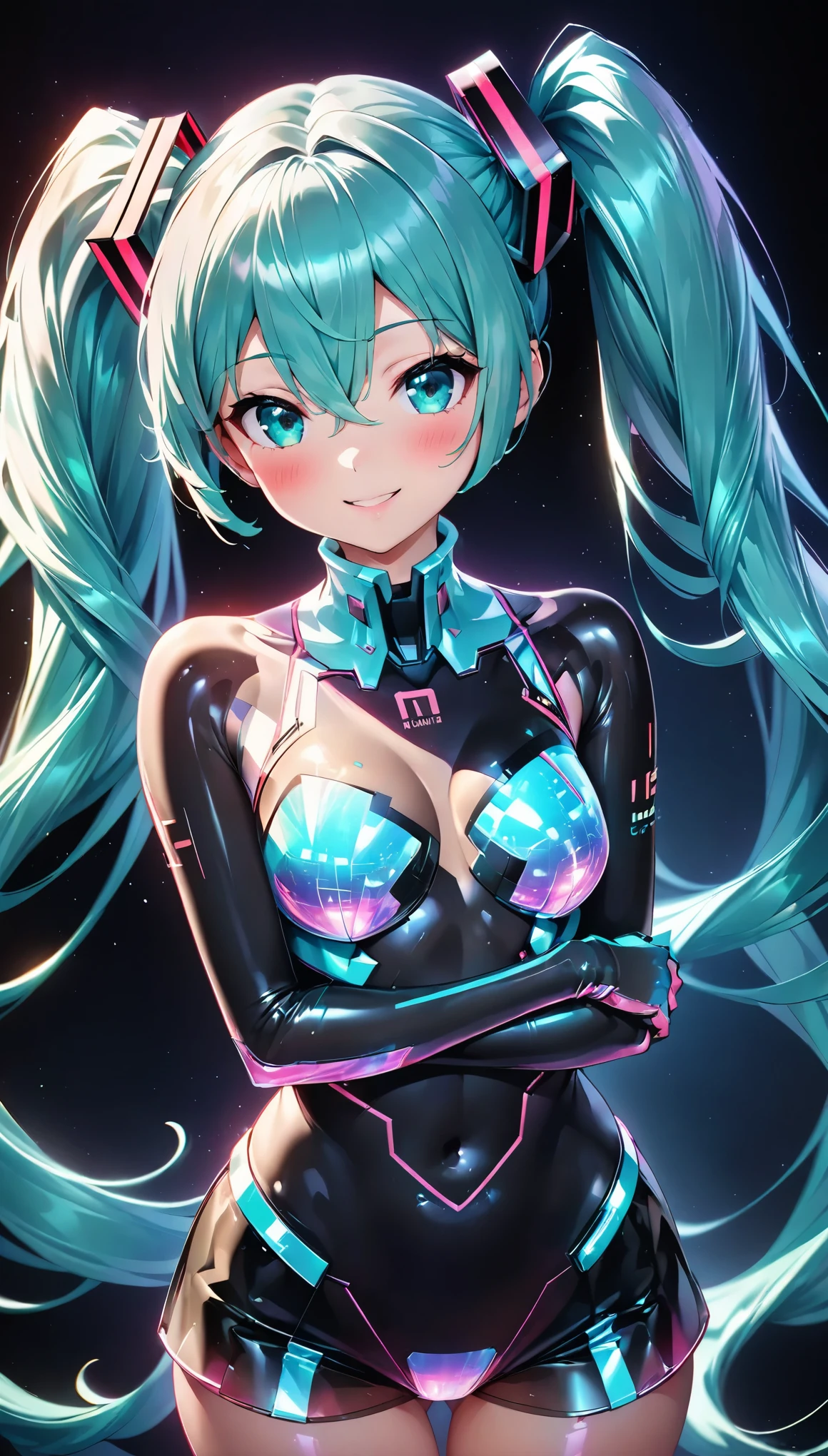holography, Draw in neon colors, Beautiful holographic_Cyber Girl, Neon Hologram Suit, Shiny cyberpunk futuristic outfit, ((hatsune miku, Aqua Eye, Aqua Hair, bangs, whole body, Hair between the eyes, Long Hair, Twin tails, very Long Hair)), Slim figure:1.4, Beautiful Eyes, Glossy Lips, Glowing Skin, Detailed skin texture, ((smile, blush, Bust Shot:1.4)), Multi-colored holographic pattern, Dynamic pose, Dramatic lighting, Cinematic composition, Intricate details, (Highest quality:1.2, Very detailed, anime, Attention to detail, Ultra-high resolution, High Contrast, masterpiece:1.2, Highest quality, Best aesthetics),