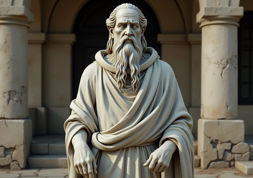 stoicism, motivation, stoic marble statue, calm, robe, long beard, aged, full body, hyper-realistic, 8k, incredible, beautiful, frightening, old home background