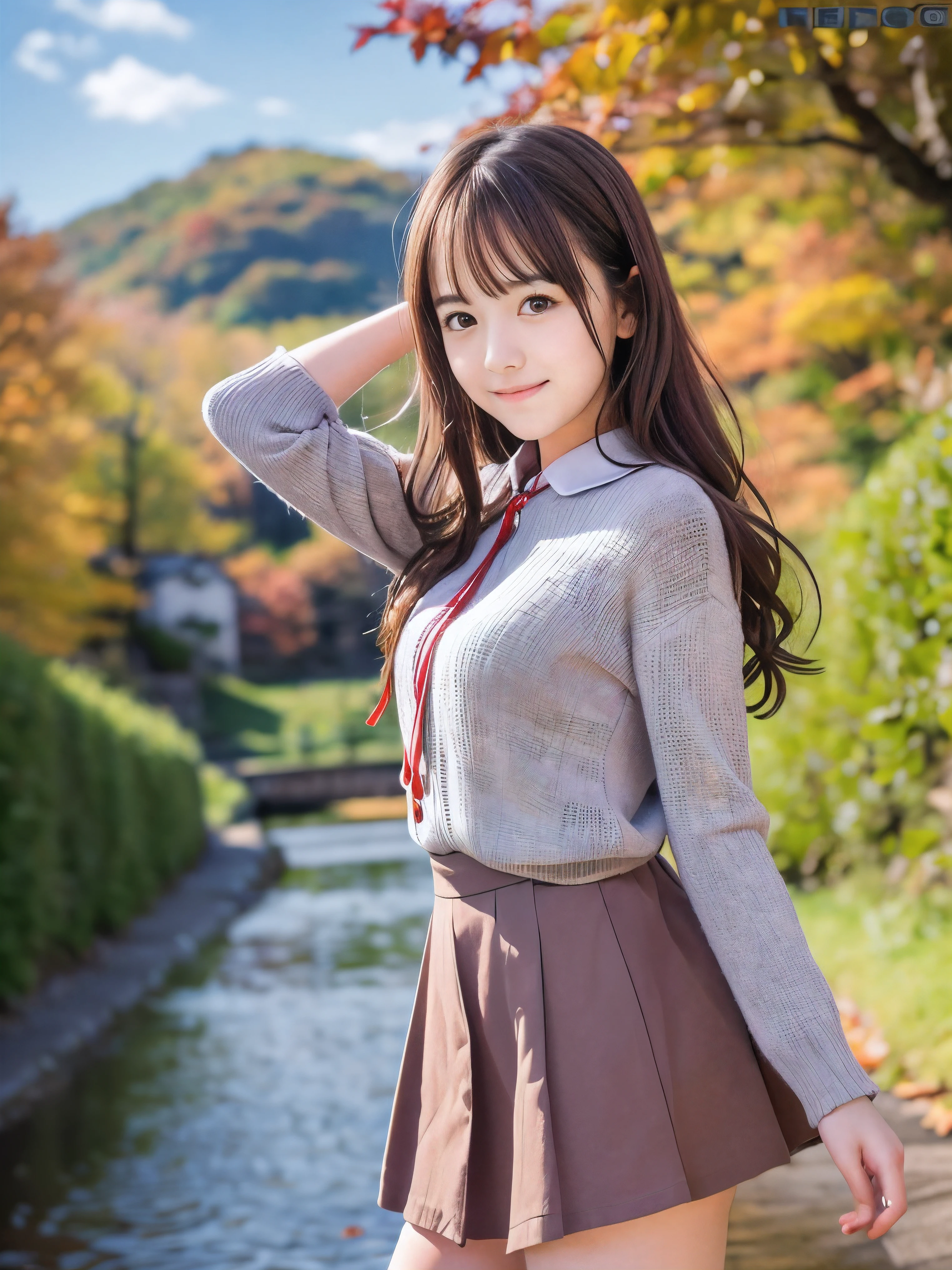 (Close up face shot of one slender small breasts red brown wavy long hair with dull bangs girl in a autumn fashion shirt and sweater and skirt:1.5)、(One girl is dancing with happy smile on the dart road near the lake and big waterfall in Japan:1.5)、(Beautiful autumn red leaves and mountain view:1.5)、(Natural light:1.5)、(8k ultra detailed master piece:1.5)、(perfect anatomy:1.5)、(Photorealistic stick:1.5)、(Raw photo:1.3)、(highest quality:1.5)、(High resolution:1.3)、(Delicate and beautiful perfect face:1.3)、(Delicate and beautiful eye air skin:1.3)、(Real Human Skin:1.3)、((thin legs))