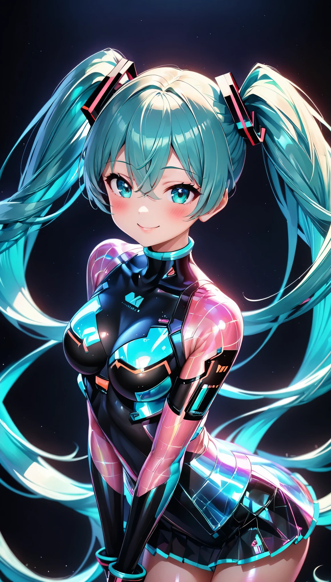 holography, Draw in neon colors, Beautiful holographic_Cyber Girl, Neon Hologram Suit, Shiny cyberpunk futuristic outfit, ((hatsune miku, Aqua Eye, Aqua Hair, bangs, whole body, Hair between the eyes, Long Hair, Twin tails, very Long Hair)), Slim figure:1.4, Beautiful Eyes, Glossy Lips, Glowing Skin, Detailed skin texture, ((smile, blush, Bust Shot:1.4)), Multi-colored holographic pattern, Dynamic pose, Dramatic lighting, Cinematic composition, Intricate details, (Highest quality:1.2, Very detailed, anime, Attention to detail, Ultra-high resolution, High Contrast, masterpiece:1.2, Highest quality, Best aesthetics),