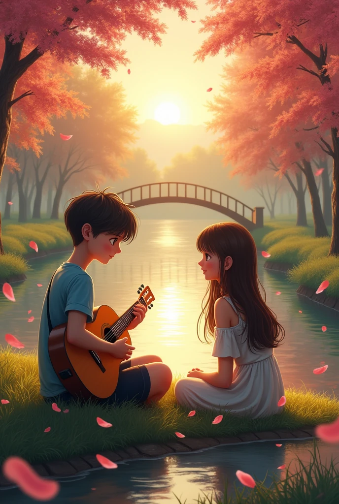A boy playing a guiter for his girlfriend realistic front a beautiful river, cross a small nai and perfact nature view and right and left trees color ping falling pink leaf and sunrise time
