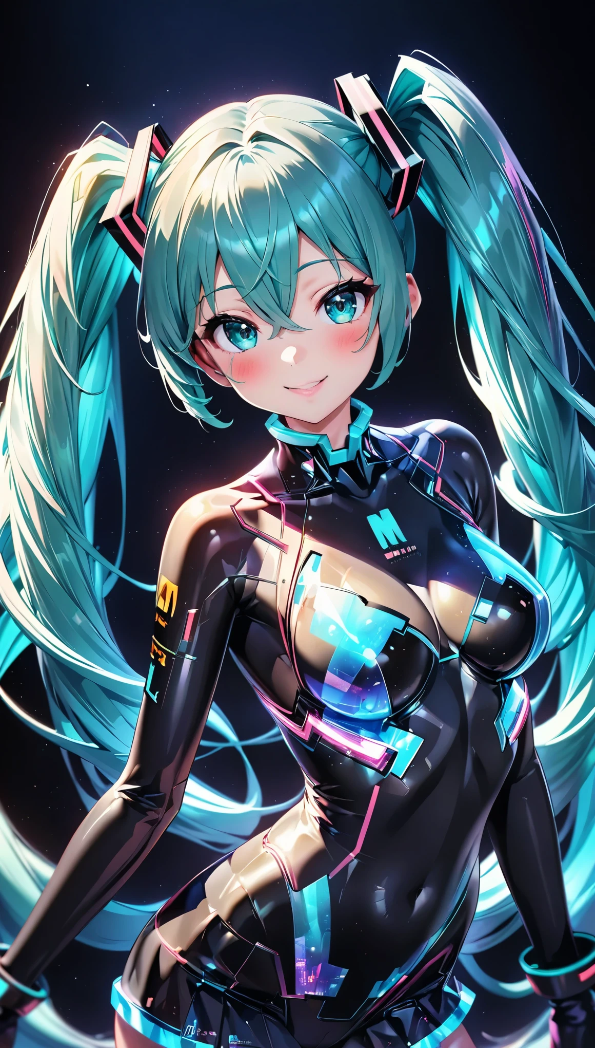 holography, Draw in neon colors, Beautiful holographic_Cyber Girl, Neon Hologram Suit, Shiny cyberpunk futuristic outfit, ((hatsune miku, Aqua Eye, Aqua Hair, bangs, whole body, Hair between the eyes, Long Hair, Twin tails, very Long Hair)), Slim figure:1.4, Beautiful Eyes, Glossy Lips, Glowing Skin, Detailed skin texture, ((smile, blush, Bust Shot:1.4)), Multi-colored holographic pattern, Dynamic pose, Dramatic lighting, Cinematic composition, Intricate details, (Highest quality:1.2, Very detailed, anime, Attention to detail, Ultra-high resolution, High Contrast, masterpiece:1.2, Highest quality, Best aesthetics),