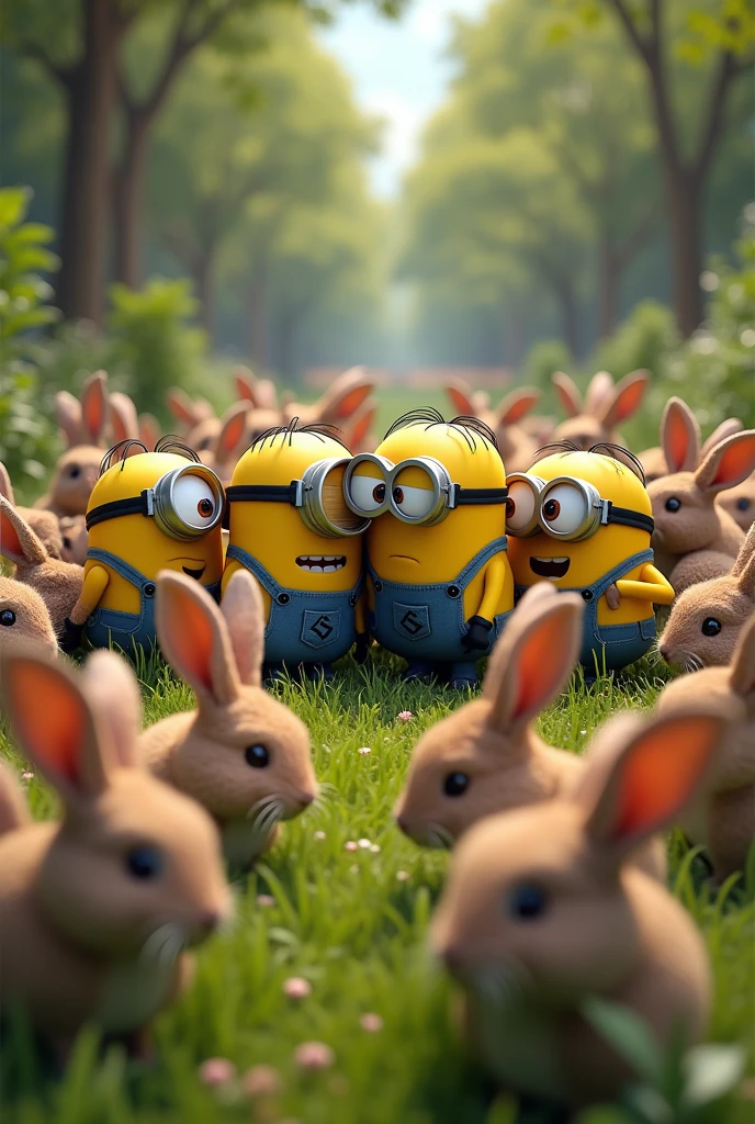 minions looking at a many rabbits