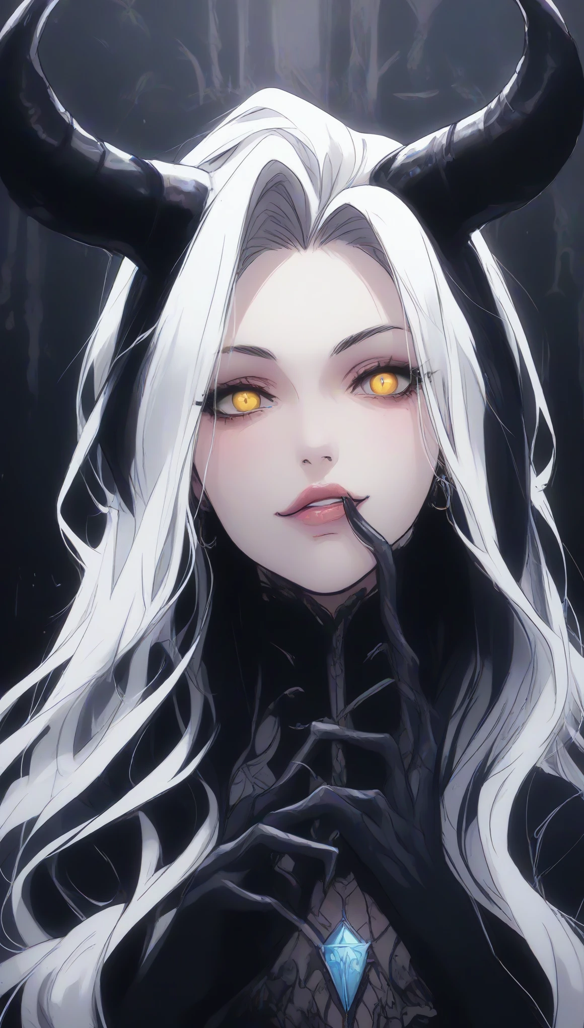 A demonic and seductive looking anime character, with black wings, long dark flowing hair, bright golden eyes, and curved horns like those of a ram. has pale skin, a mischievous smile and a playful and mysterious expression, holding a finger to his lips as if silencing someone. She wears a white dress with intricate detailing and gold accents, along with a blue gem on his chest. The scene is dramatically lit., with soft shadows that enhance her sharp features, as the background fades into darkness, adding an enigmatic and magical touch. The style is a mix of anime fantasy with intricate details, Capturing an intense portrait, close and dynamic