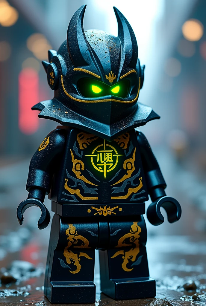 Créer moi un lego ninja go futuriste a moitié oni fantôme et ninja maléfique avec un masque de oni veangeance et destructeur de couleur noir, gris sur la tête avec une peau NOIR et dans le visage il faut des traces d’électricité jaune et bleu foncé et un regard terrible sombre avec des yeux en vert clair brillant avec une puissance incroyable avec comme puissance élémentaire l’électrique, l’énergie, la terre, le feu, la glace. Les habits du ninja doit être en noir anthracite bleu et or et fer anthracite avec des reure en forme d’électricité brillant et vert clair et des écritures japonaise sacré en or. Un ninja imbattable monstrueux beaucoup trop puissant qui contrôle tout les pouvoirs élémentaire. Le ninja oni doit être destructeur et exceptionnel 