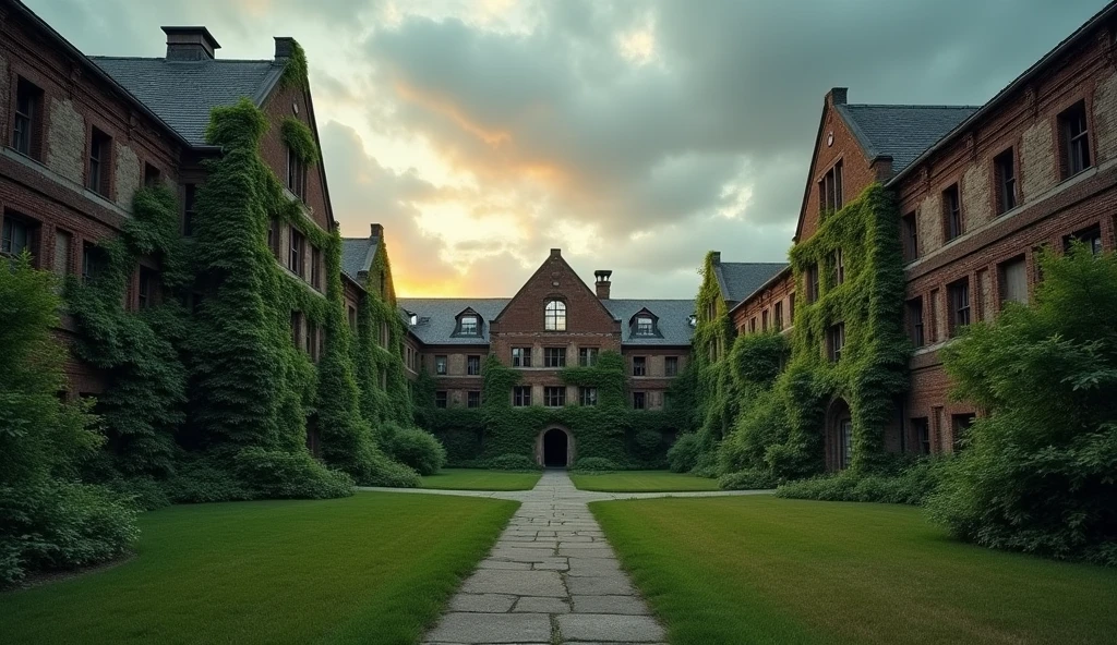 *A wide shot of the abandoned university campus, with overgrown ivy climbing up the sides of crumbling buildings. The sky is overcast with a hint of orange sunlight breaking through, creating a somber yet hopeful atmosphere.*