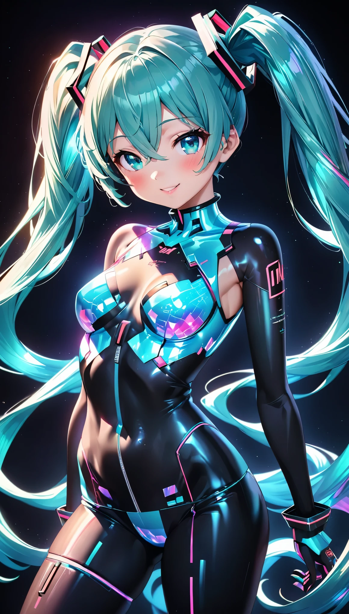 holography, Draw in neon colors, Beautiful holographic_Cyber Girl, Neon Hologram Suit, Shiny cyberpunk futuristic outfit, ((hatsune miku, Aqua Eye, Aqua Hair, bangs, whole body, Hair between the eyes, Long Hair, Twin tails, very Long Hair)), Slim figure:1.4, Beautiful Eyes, Glossy Lips, Glowing Skin, Detailed skin texture, ((smile, blush, Bust Shot:1.4)), Multi-colored holographic pattern, Dynamic pose, Dramatic lighting, Cinematic composition, Intricate details, (Highest quality:1.2, Very detailed, anime, Attention to detail, Ultra-high resolution, High Contrast, masterpiece:1.2, Highest quality, Best aesthetics),