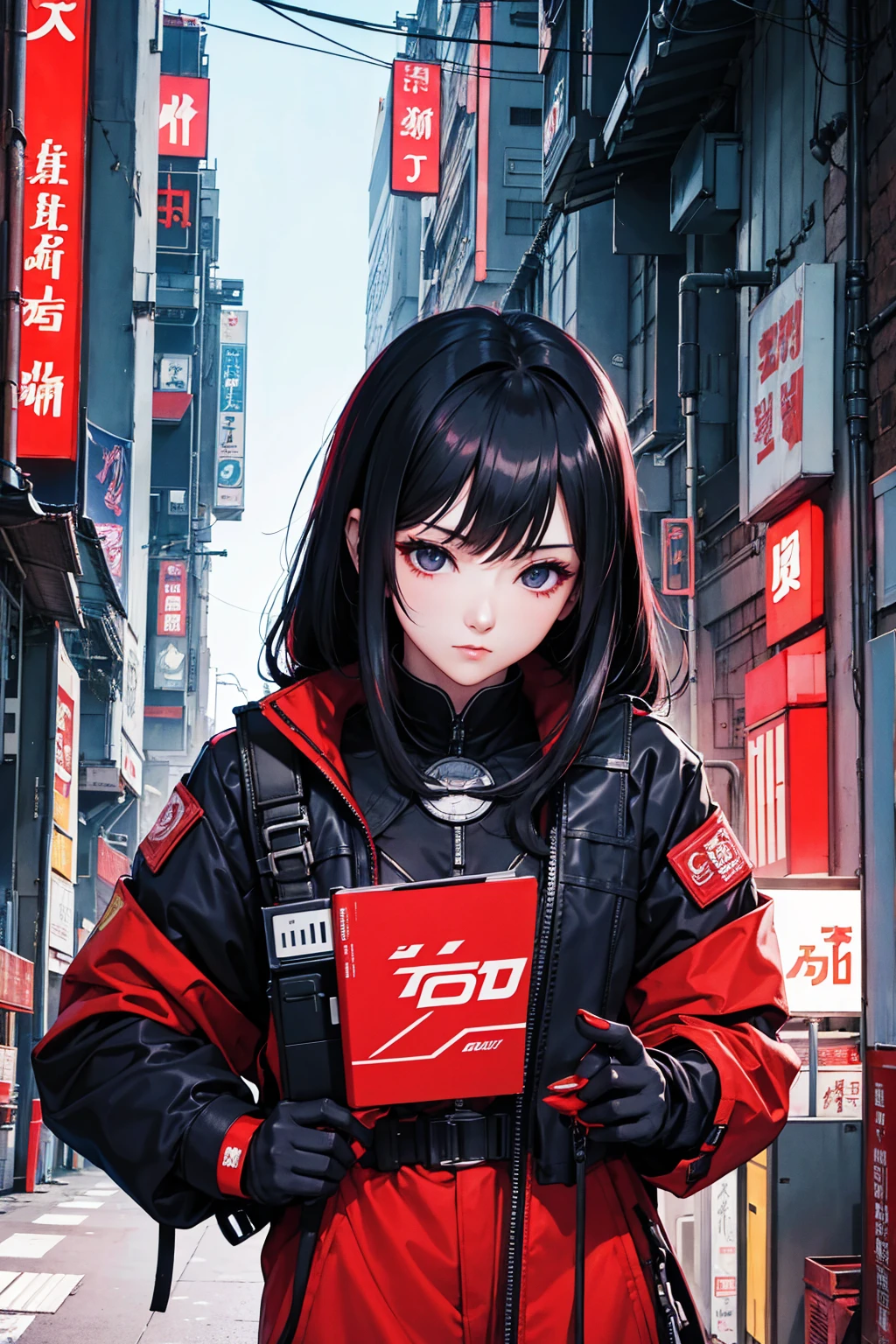 cyberpunk book cover. cybernetic chinese sexy girl wearing red cheonsam in japan future city street