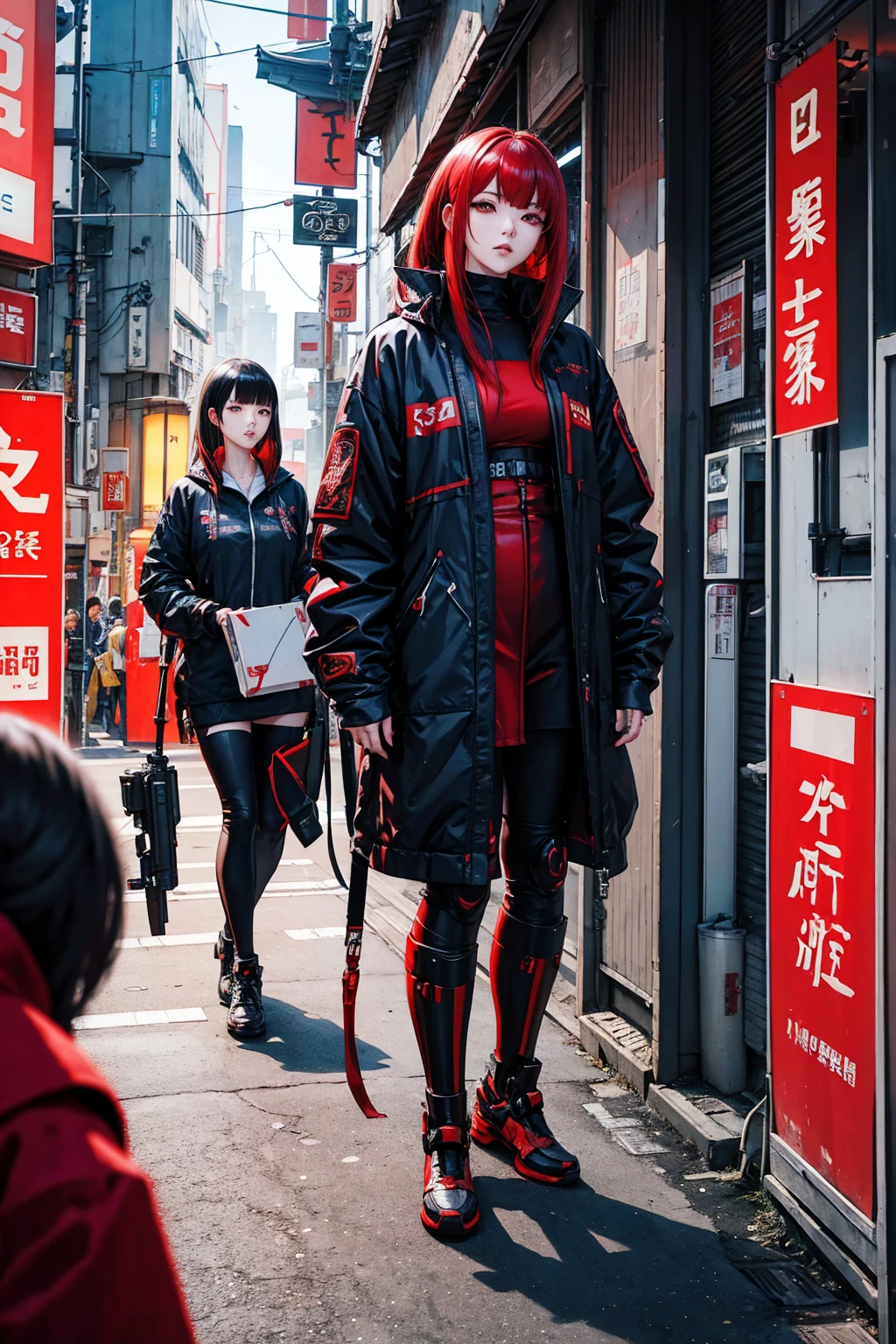 cyberpunk book cover. cybernetic chinese sexy girl wearing red cheonsam in japan future city street