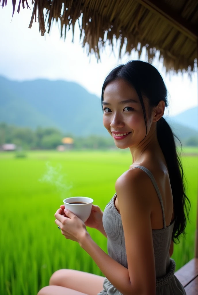 Beautiful thai girl, smooth clean white skin, well-groomed face,black hair tied up, simple, pose looking at the camera, sitting on the terrace of the rice field hut, holding hot coffee,with a view of fertile rice fields, there is a buffalo, chicken duck, on the rice field embankment, very beautiful exotic countryside ,clear blue sky, fertile rice fields,Background, towering mountains and waterfalls,looks like river water flowing clear rocks Realistic original photo.. 