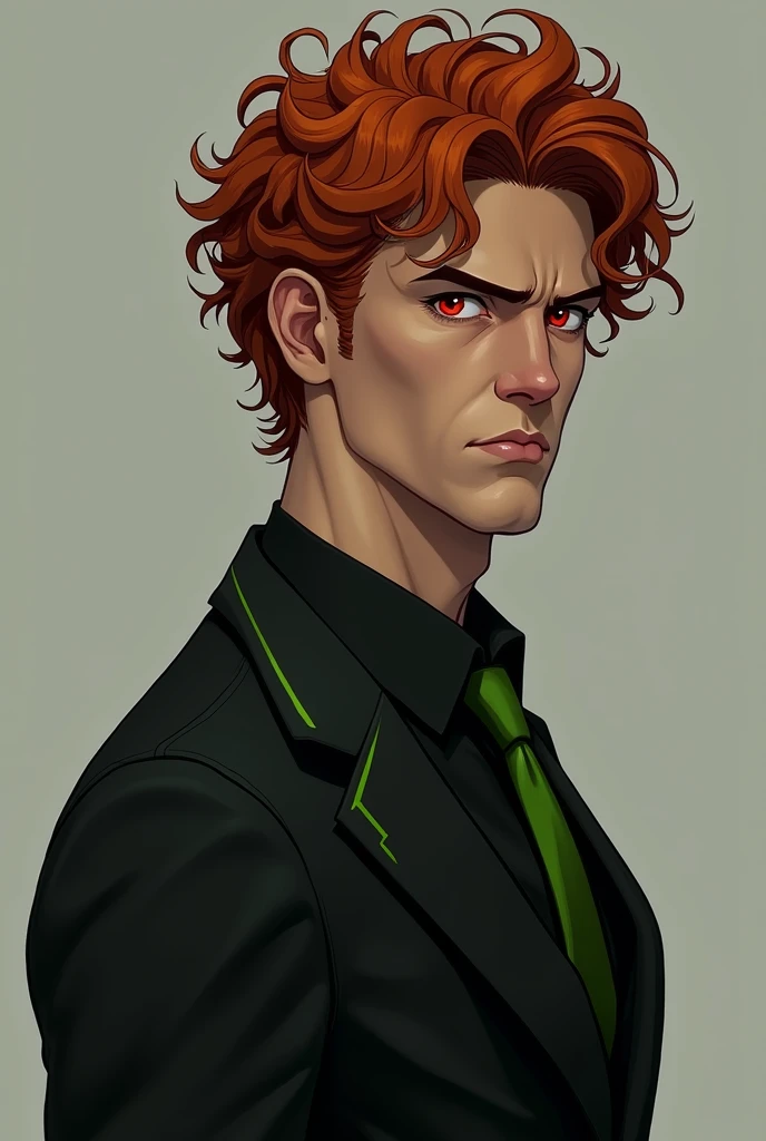 Serious 1, curly, red haired guy with red eyes. Standing in profile, and the gaze is directed at the camera. Wearing a black shirt with a green tie, and the shirt is unbuttoned at the top, black suit with green line in collar. Realism.