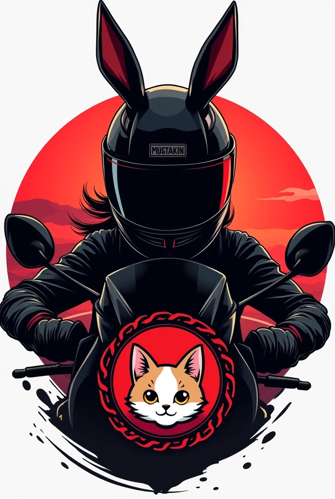 Create a logo that shows a bunny helmet, that girl is a motorcycle racer but her face cannot be seen, it should be a shadow of black and red but the achievement is round, the background image is a road and in the letter on the image put a kitten