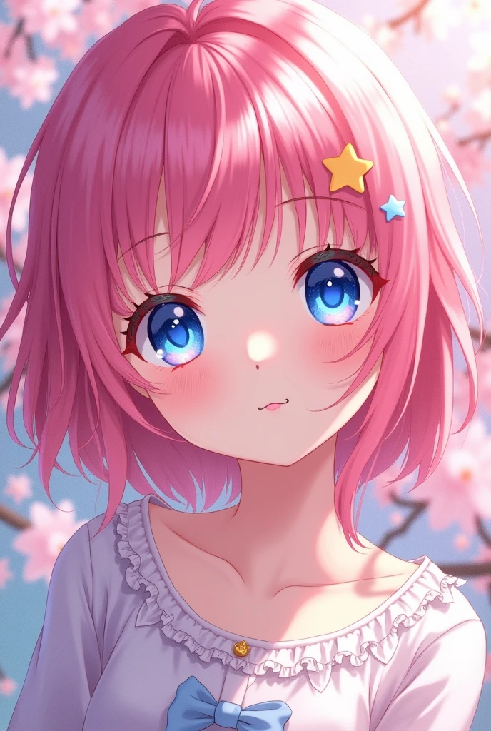 Anime girl with pink hair and blue eyes with stars on her head, cute art style, beautiful anime art style, anime art style, lindo style of anime, anime art style, Beautiful drawing style, trends in art, anime art style de alta qualidade, rossdraws pastel vibrante, A beautiful anime portrait, colourful drawing, cute aesthetic with vibrancy, style of anime, anime vibes