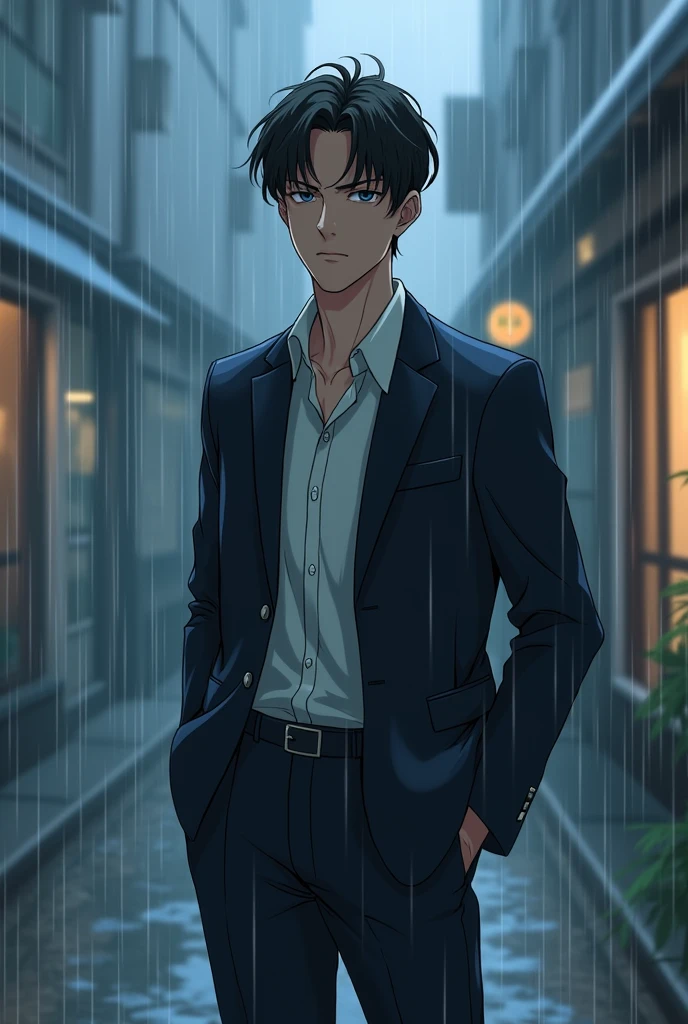 So created one gentleman hands inside the pant pocket with rain like a anime type and young boy