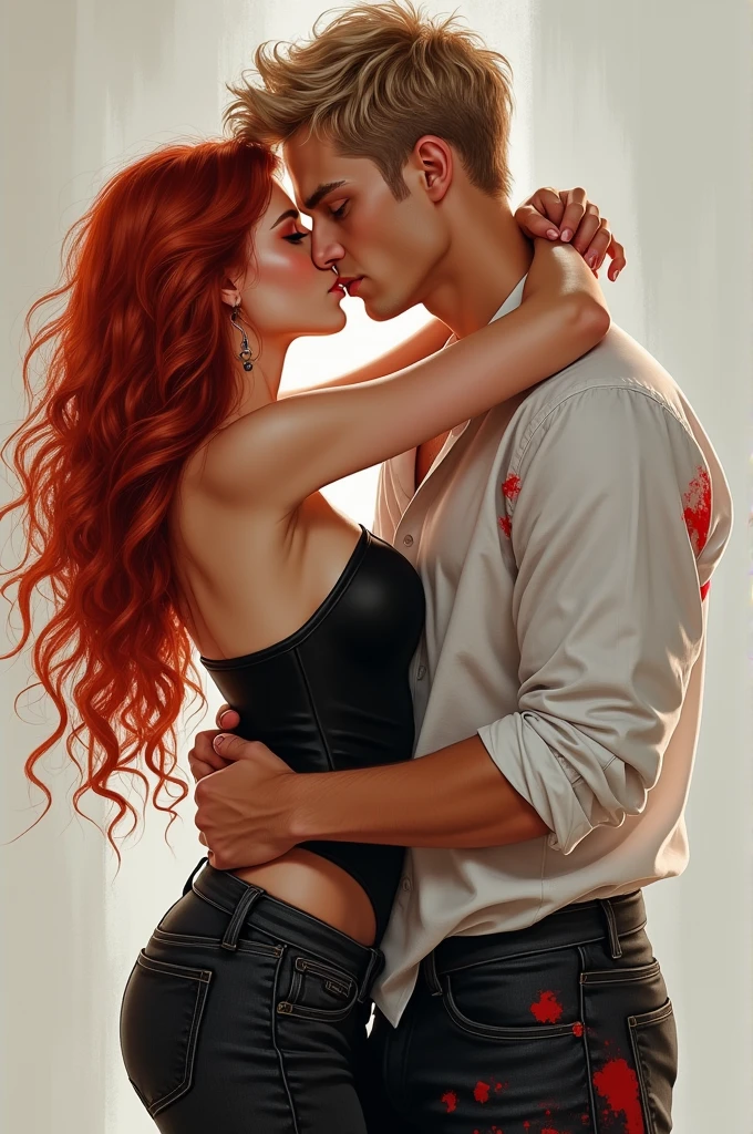 An attractive young woman with long red hair with light skin waves, She is wearing a black corset and black jeans, She is kissing a 2 boy with short blond hair, light eyes and white skin., He is wearing a white shirt with the sleeves rolled up to his elbows and black jeans.. They both have red paint stains on their clothes.