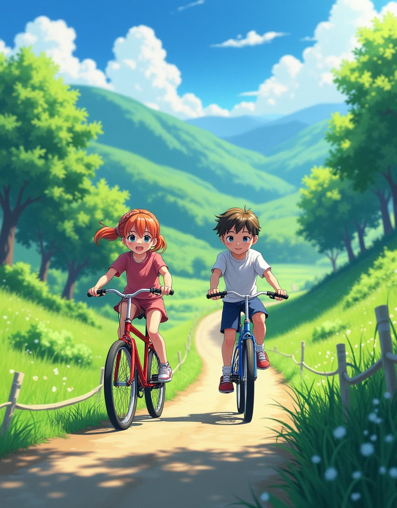 Create a anime style landscape close-up image. Cycling of young girl with young boy boy
