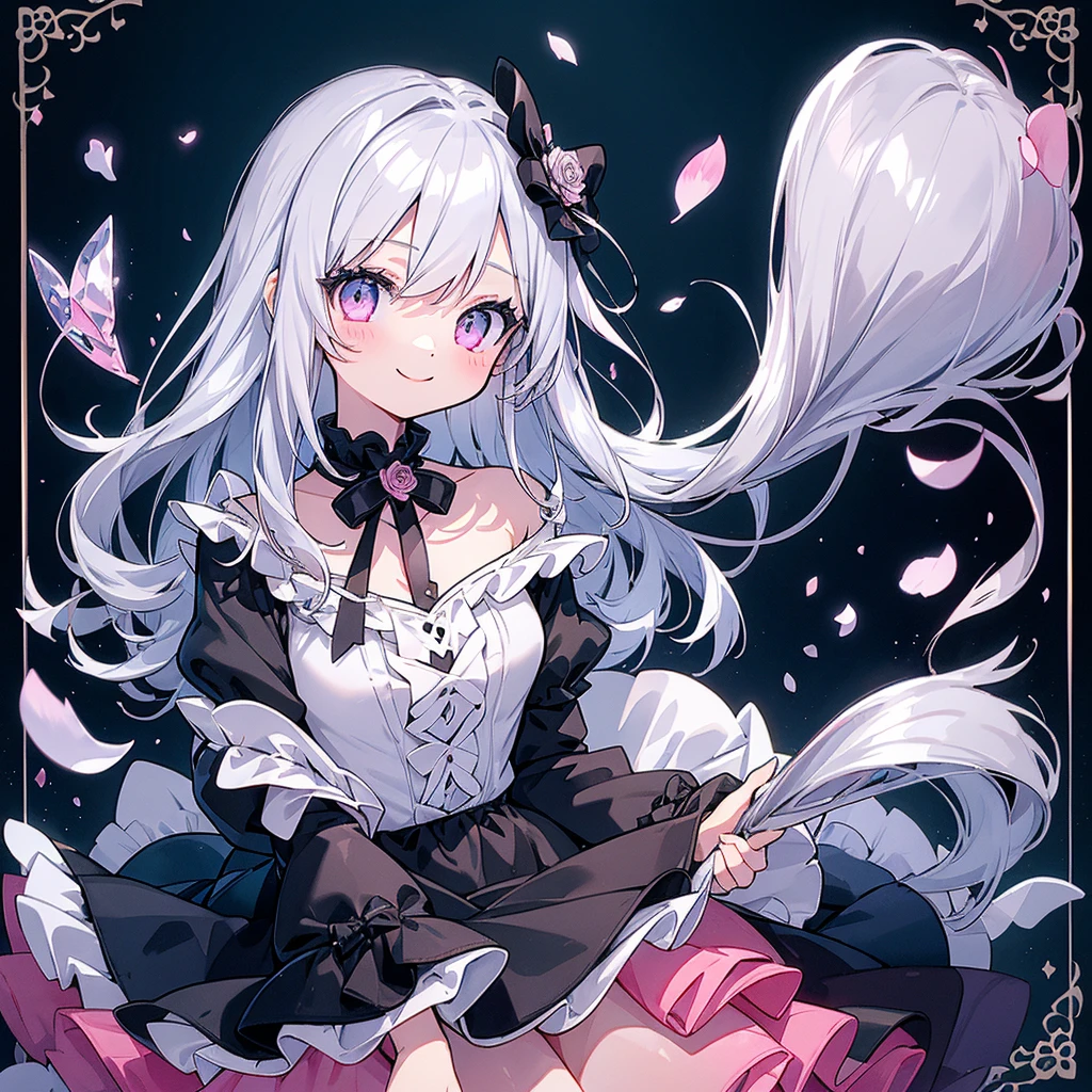 Transparent watercolor、girl、Gemstone Eyes、Beautiful layout and motif、Depth of written border、smile、Flat avatar、1 person、bow、Silver Hair((Medium Hair、Straight Hair))、White bristles、Fashionable design clothes、Background white、Rose petals、cute、black and pink goth、