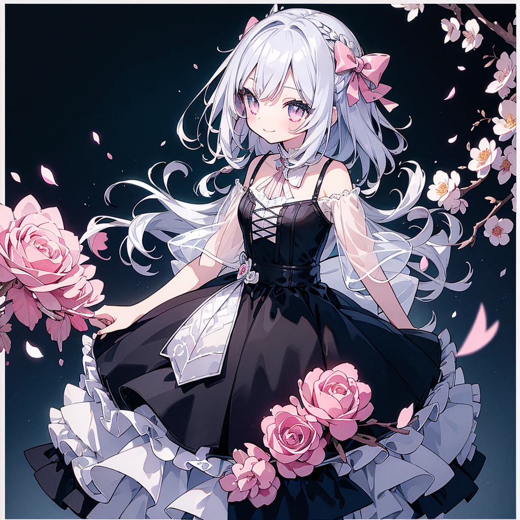 Transparent watercolor、girl、Gemstone Eyes、Beautiful layout and motif、Depth of written border、smile、Flat avatar、1 person、bow、Silver Hair((Medium Hair、Straight Hair))、White bristles、Fashionable design clothes、Background white、Rose petals、cute、black and pink goth、