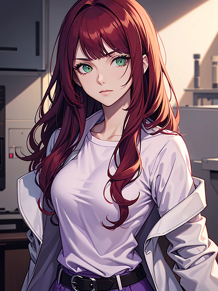 green eyes, red hair with long bangs, noble. sadistic women, wavy long hair. strong woman. purple outfit. she quiet. wear white jacket and dark violet t shirt. background in laboratory