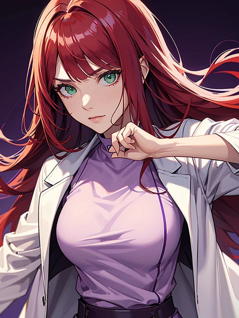 green eyes, red hair with long bangs, noble. sadistic women, wavy long hair. strong woman. purple outfit. she quiet. wear white jacket and dark violet t shirt. background in laboratory