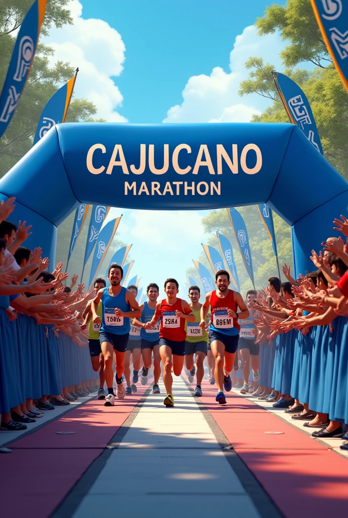 Marathon finish line with the phrase Cajucano Marathon on a blue stripe