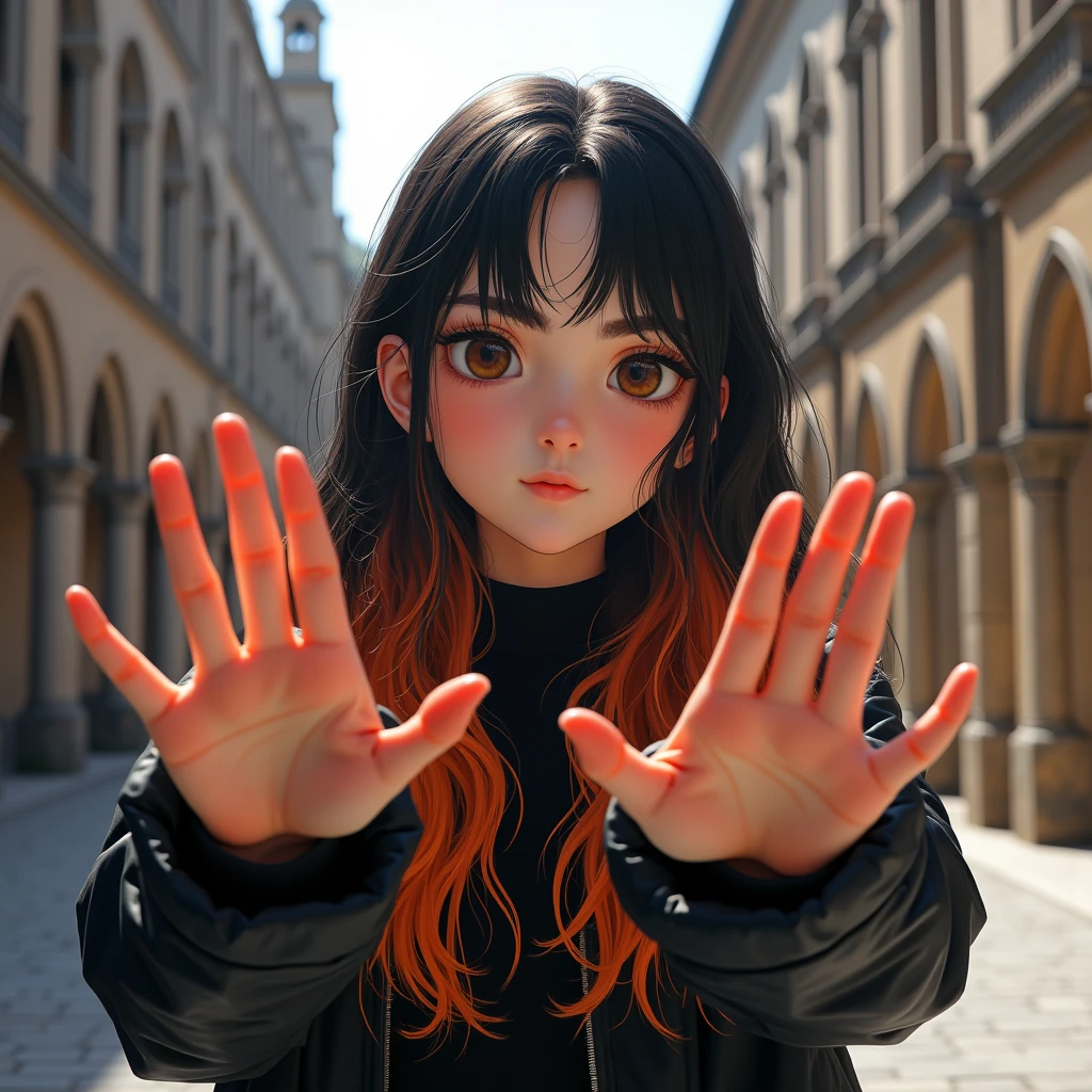 Background Gothic_cathedral Monte do Gozo Santiago de Compostela, BREAK, 1 girl, long shot, put the both hands up, perfect hands,and only 5fingers):1.33, Her name is ZENKA, college school student attending AMD Academy, 20yo, (detailed brown eyes, jet-black middle hair,colored inner orange ombre hair multicolored hair):1.33, little wavy, [tied tail_hair], (and her sharp-long eyes are brown,eyebrow):1.33, in tourist_backpak_style, Her image colors is RYZEN's image colors : orange, black, and white, repaint jet-black semi-long hair, (serious, playful, emphasis on facial expression):1.1, (ethereal lighting, ray tracing):1.3,