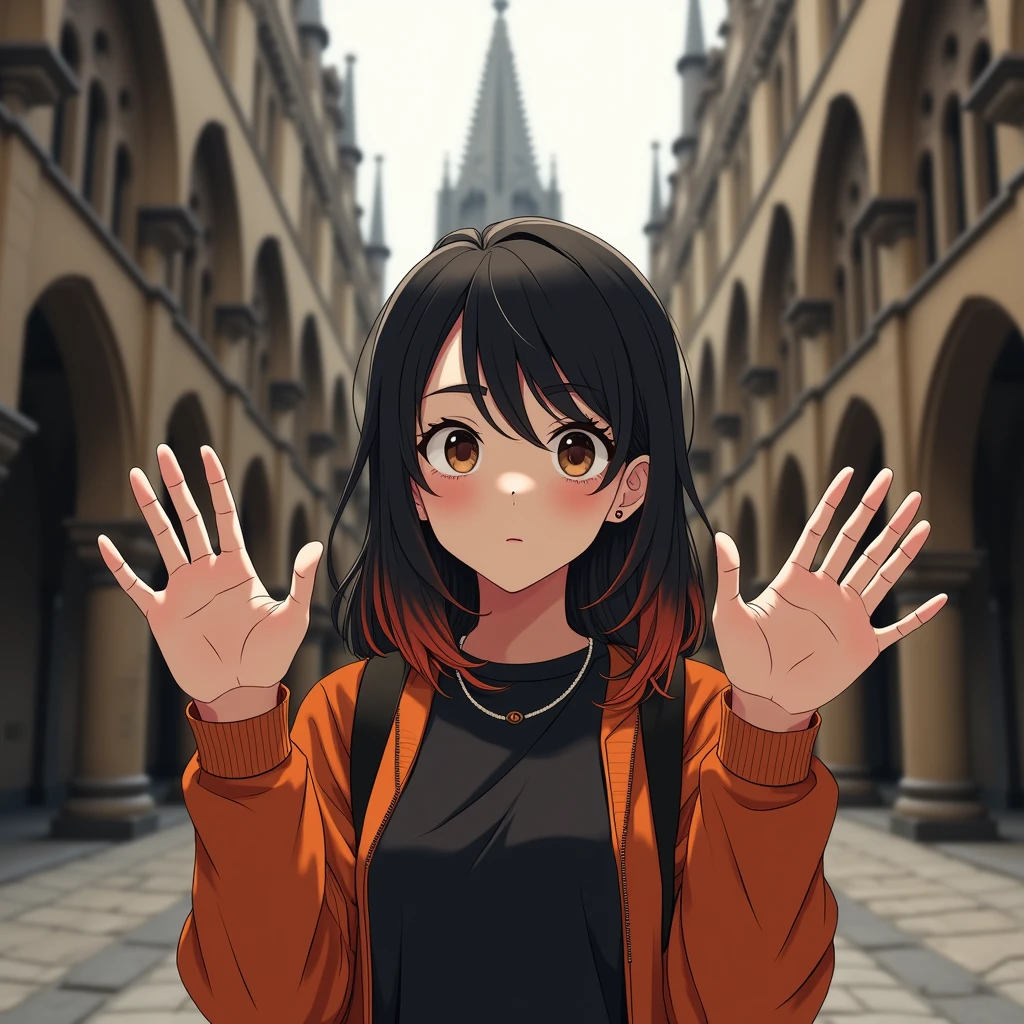 Background Gothic_cathedral Monte do Gozo Santiago de Compostela, BREAK, 1 girl, long shot, put the both hands up, perfect hands,and only 5fingers):1.33, Her name is ZENKA, college school student attending AMD Academy, 20yo, (detailed brown eyes, jet-black middle hair,colored inner orange ombre hair multicolored hair):1.33, little wavy, [tied tail_hair], (and her sharp-long eyes are brown,eyebrow):1.33, in tourist_backpak_style, Her image colors is RYZEN's image colors : orange, black, and white, repaint jet-black semi-long hair, (serious, playful, emphasis on facial expression):1.1, (ethereal lighting, ray tracing):1.3,