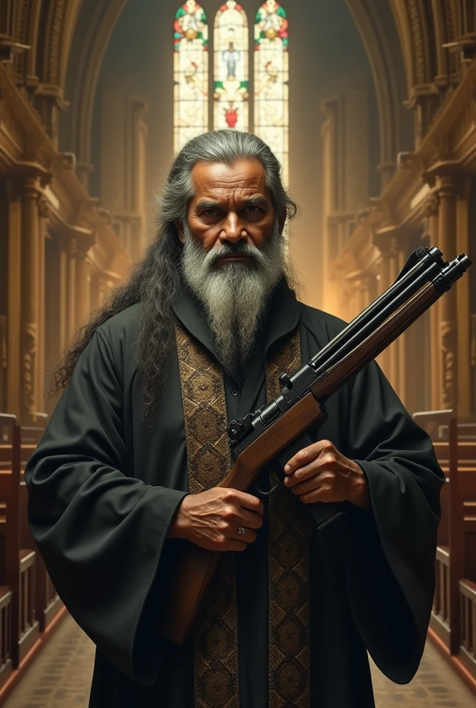 Kiccha suddeep as a old man wearing a ponytail in a church father robe firing guns full picture