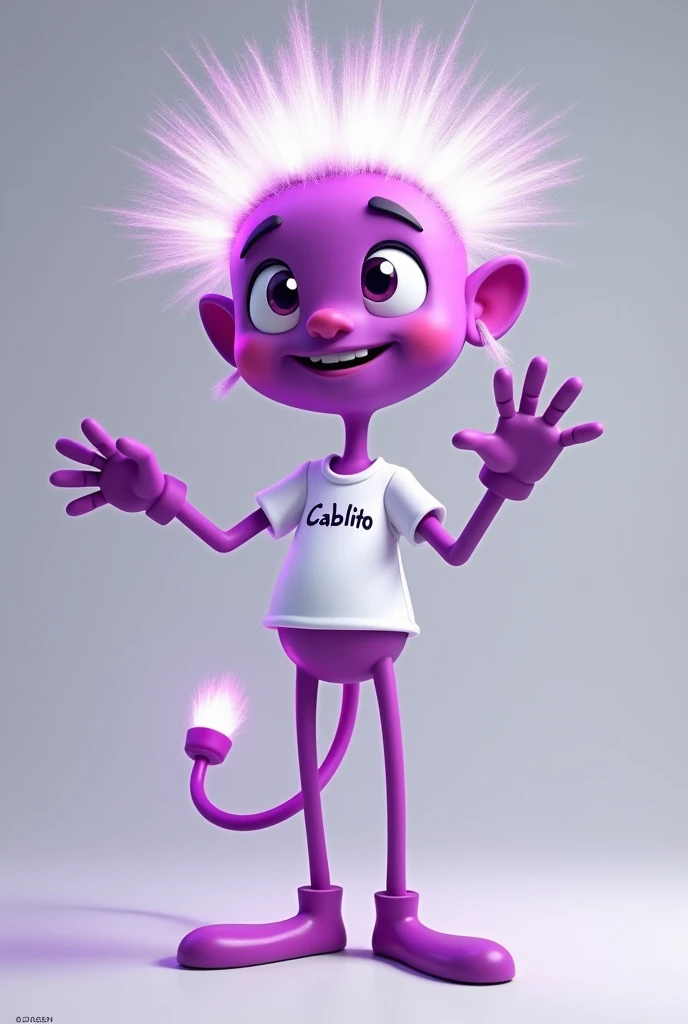 Create a cartoon character. The character is an elongated straw shaped like a purple electric cable. Use the following code to give it the exact color. #561c84 and her hair are the fibers of the luminous white cable. The character must have a happy and friendly expression, with eyes, small mouth and hands. The body should be long and thin., wearing a white t-shirt that has the name Cablito Color on it. Make sure the character is dynamic, Interactive.