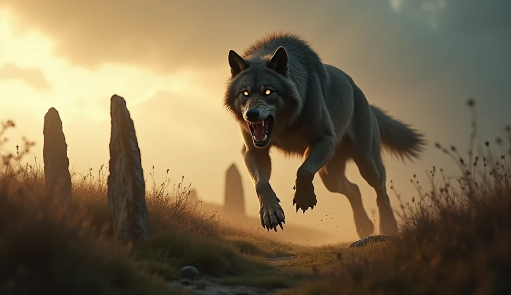 /imagine prompt: Werewolf caught in mid-leap, muscles rippling under its fur, misty moor setting, dynamic, powerful, lethal, surrounded by windswept grass and ancient standing stones, creating a mythic and timeless atmosphere, hyper-detailed realism with emphasis on motion and power, illuminated by the first light of dawn breaking through heavy clouds, muted earthy tones with splashes of golden light, ARRI ALEXA Mini LF capturing the action, 32mm Cooke S7/i Full Frame Plus lens, action shot, --chaos 35 --ar 16:9 --stop 80 --stylize 550 --weird 350 --quality 1 --v 6