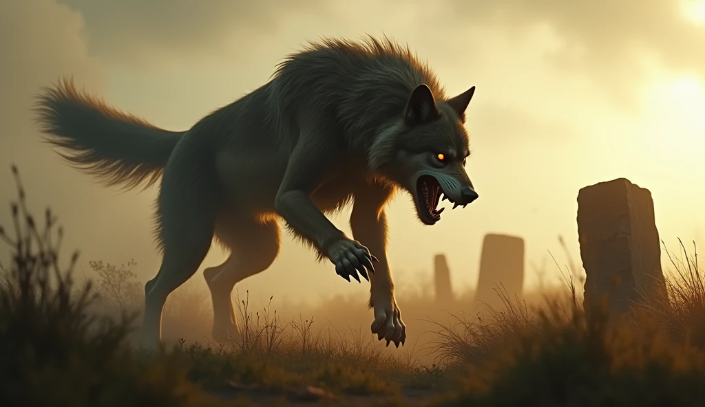 /imagine prompt: Werewolf caught in mid-leap, muscles rippling under its fur, misty moor setting, dynamic, powerful, lethal, surrounded by windswept grass and ancient standing stones, creating a mythic and timeless atmosphere, hyper-detailed realism with emphasis on motion and power, illuminated by the first light of dawn breaking through heavy clouds, muted earthy tones with splashes of golden light, ARRI ALEXA Mini LF capturing the action, 32mm Cooke S7/i Full Frame Plus lens, action shot, --chaos 35 --ar 16:9 --stop 80 --stylize 550 --weird 350 --quality 1 --v 6