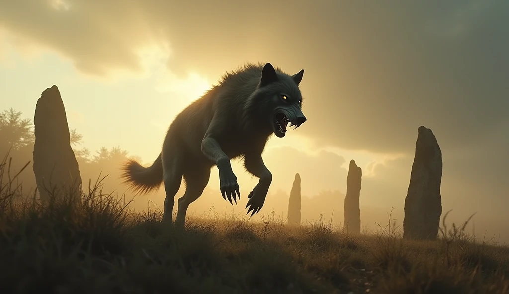 /imagine prompt: Werewolf caught in mid-leap, muscles rippling under its fur, misty moor setting, dynamic, powerful, lethal, surrounded by windswept grass and ancient standing stones, creating a mythic and timeless atmosphere, hyper-detailed realism with emphasis on motion and power, illuminated by the first light of dawn breaking through heavy clouds, muted earthy tones with splashes of golden light, ARRI ALEXA Mini LF capturing the action, 32mm Cooke S7/i Full Frame Plus lens, action shot, --chaos 35 --ar 16:9 --stop 80 --stylize 550 --weird 350 --quality 1 --v 6