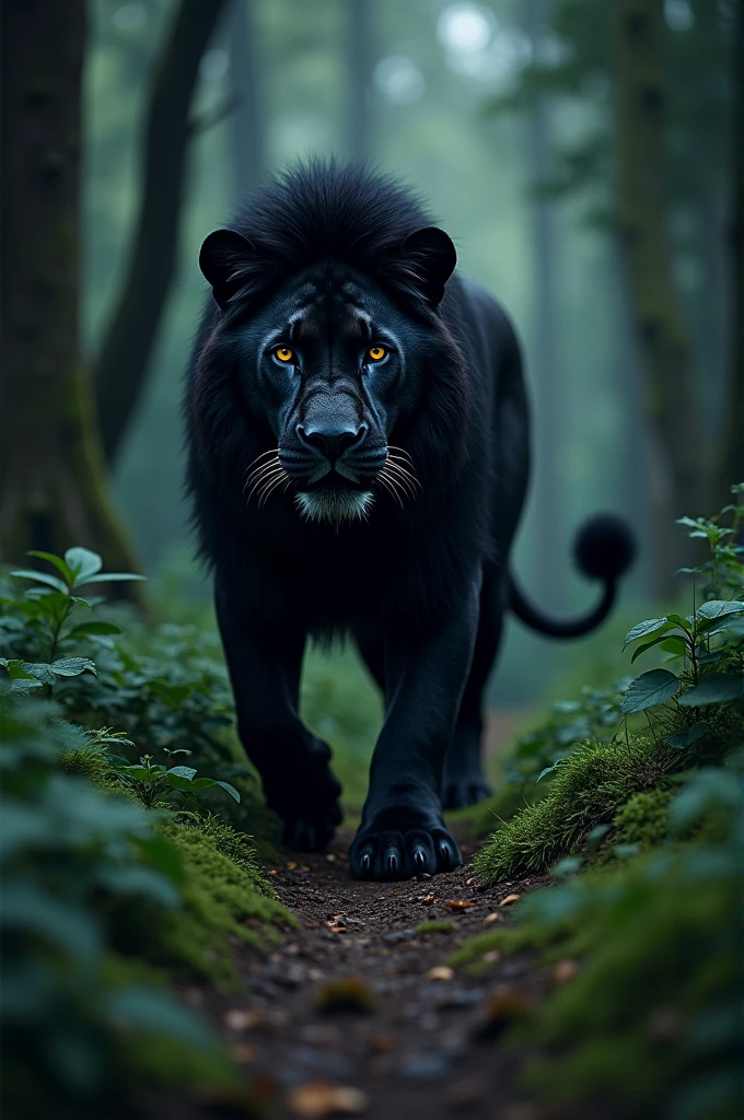 The black lion walk in the green forest in the night

