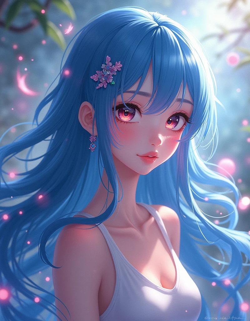 anime ,Wearing a tank top、Beautiful with long blue hair, Detailed face with large expressive eyes, Detailed lips, Long eyelashes, Sailor Moon, Magical girl, Fantasy, Soft lighting, Vibrant colors, Structure of the film, Digital Art, Very detailed, masterpiece, (Highest quality,4K,8k,High resolution,masterpiece:1.2),Very detailed,(Realistic,photoRealistic,photo-Realistic:1.37)