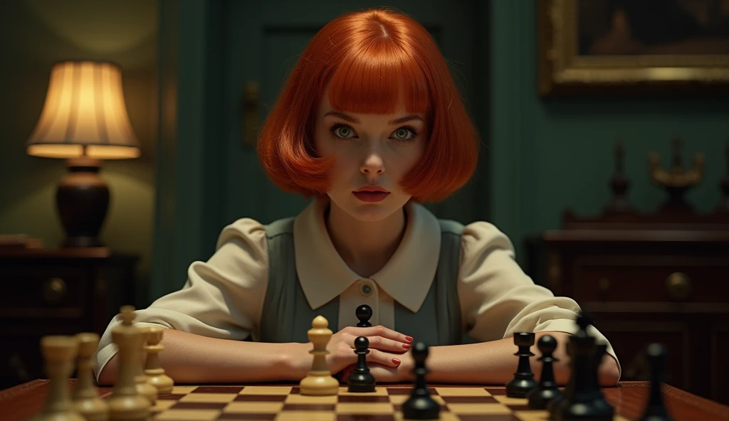 Create an image of a young woman resembling Beth Harmon from 'The Queen's Gambit.' She has red hair styled in a vintage bob haircut, pale skin, and green eyes. The woman is wearing a 1960s-inspired outfit, perhaps a collared dress or a stylish blouse and skirt, sitting at a chessboard with an intense, focused expression. The background could be a classic, dimly lit room or a chess tournament hall, with a few scattered chess pieces on the board in front of her. The overall atmosphere should reflect a blend of intelligence, determination, and a hint of vulnerability.