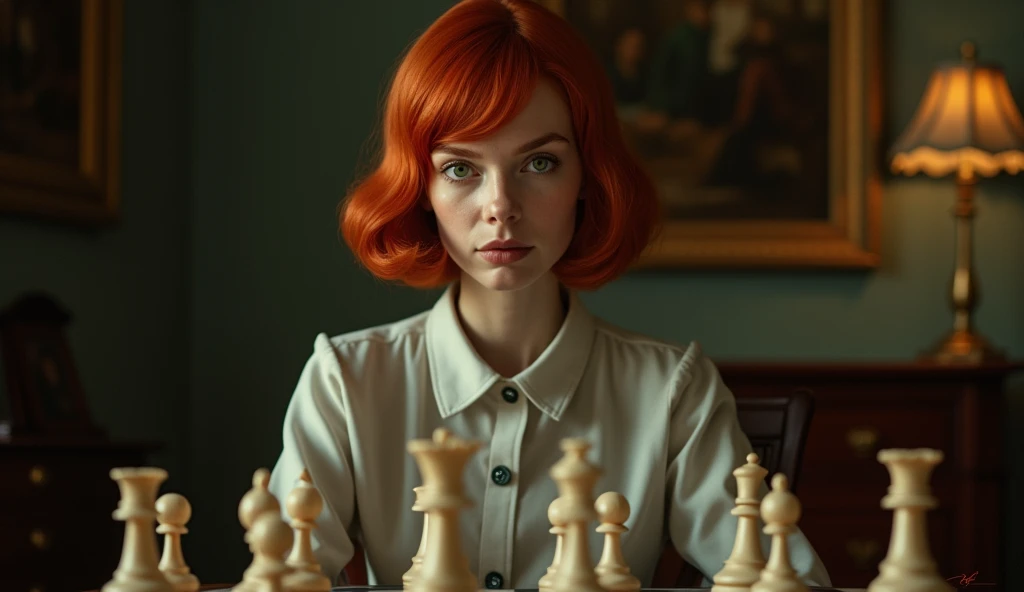 Create an image of a young woman resembling Beth Harmon from 'The Queen's Gambit.' She has red hair styled in a vintage bob haircut, pale skin, and green eyes. The woman is wearing a 1960s-inspired outfit, perhaps a collared dress or a stylish blouse and skirt, sitting at a chessboard with an intense, focused expression. The background could be a classic, dimly lit room or a chess tournament hall, with a few scattered chess pieces on the board in front of her. The overall atmosphere should reflect a blend of intelligence, determination, and a hint of vulnerability.