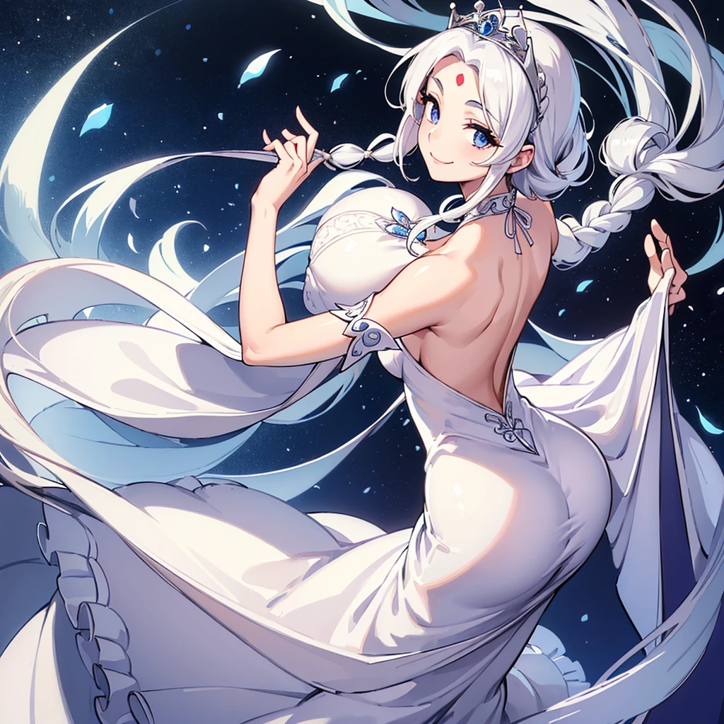 ((((Solo))))、(((((Back view、back view、Rear view))))、Highest quality, Best Quality、middle ages、(((白いGorgeous dress))、(Mature Woman、Mother、40 years old)、(White Hair、Middle Reason、Does not touch the forehead、Dumpling、Braid)、(princess、Queen of the West)、(Gorgeous dress、Shoulder)、tiara、(city)、wave hands、(White background)、(smile)