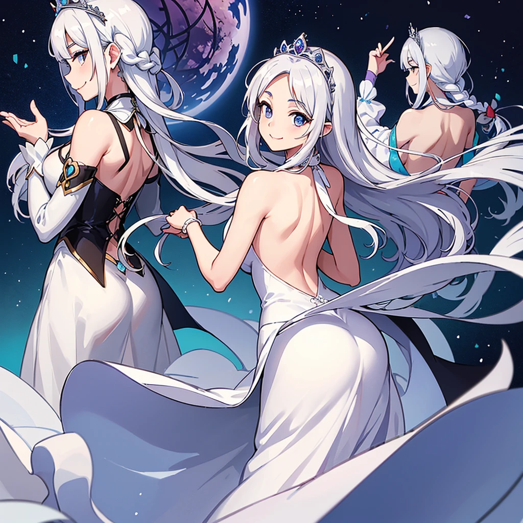 ((((Solo))))、(((((Back view、back view、Rear view))))、Highest quality, Best Quality、middle ages、(((白いGorgeous dress))、(Mature Woman、Mother、40 years old)、(White Hair、Middle Reason、Does not touch the forehead、Dumpling、Braid)、(princess、Queen of the West)、(Gorgeous dress、Shoulder)、tiara、(city)、wave hands、(White background)、(smile)