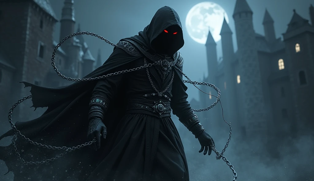 A jet-black assassin clad in chains、medieval assassin、((Silver chains floating in the dark night))、Red eyes、Black hood , Powerful Movement、jump on prey、((Dynamic Jumps))