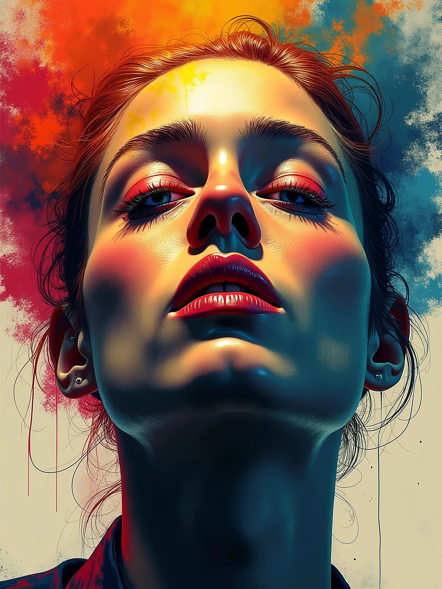  bold and emotional portrait, where the face is depicted with exaggerated features and intense colors. The brushstrokes are aggressive and dynamic, conveying a deep sense of feeling and inner turmoil. The background is abstract, adding to the overall intensity and focus on the psychological depth of the subject.